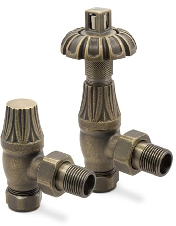 Angled Antique Brass Curved Top Traditional Thermostatic Valves for Radiators & Towel Rails