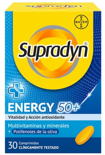 Supradyn Energy 50+ Complejo Vitamínico Con Antioxidantes Para Mayores De 50, 12 Vitaminas, 9 Minerales Y Polifenoles De La Oliva, Energía Con Efecto Antioxidante, Oliva, Amarillo, 1 Unidad (Paquete de 1), 30 Comprimidos