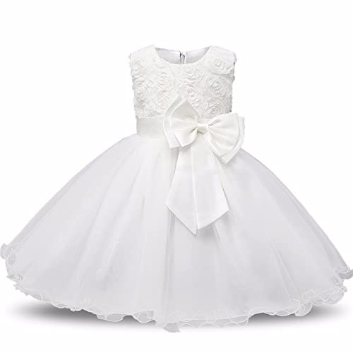 Discoball Girl Dress Princess Party Clothing Holiday Girls Dresses, 3D Rose Flower, Bow Sequins Tulle Dress Up for Kids Birthday Travel and Special Occasions White