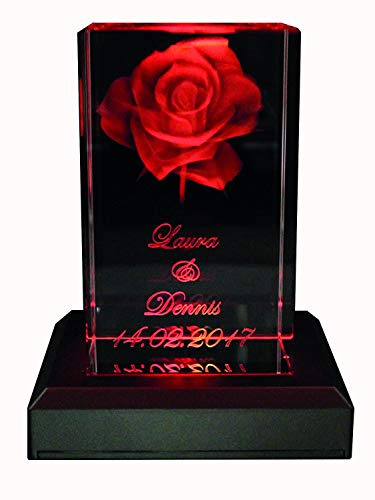 VIP-LASER 3D Glas Kristall Quader XL Rose mit Zwei Wunschnamen + Datum im Hochformat Weihnachten!, Beleuchtung:mit Color Leuchtsockel 5 LED Silber