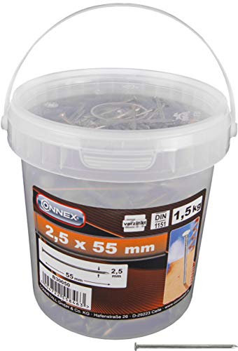 Connex Drahtstifte 2,5 x 55 mm - 1500 g - Senkkopf - Verzinkt - Aufbewahrung in praktischem Eimer - Für den universellen Einsatz / Stahlnägel / Drahtnägel / Nagel-Sortiment / Großpack / B30050