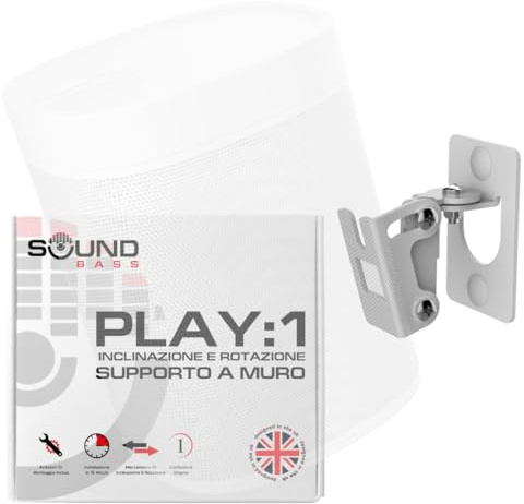 Sound Bass Play 1 Väggfäste, Vitt, Enkel (1st) Lutning & Svängning | Endast kompatibel med Sonos Play:1, Justerbar svängning & lutningsmekanism, Monteringsfäste inklusive monteringsmaterial