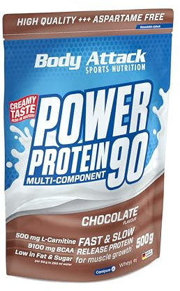 Body Attack Power Protein 90, Cioccolato, 500g, 5K proteine in polvere con proteine del siero di latte, L-carnitina e BCAA per la costruzione muscolare e il fitness.