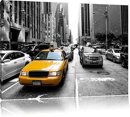 Pixxprint Gelbes Taxi in New York B&W, Größe: 80x60cm, Leinwandbild, fertig gespannt, Wandbild, Dekoration, Kunstdruck, kein Poster