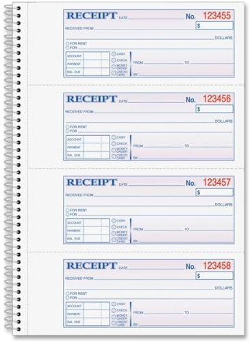 Adams sedel- och hyreskvittobok, 2-delad självsäker, 7-5/8 tum x 11 tum, spiralbunden, 200 uppsättningar per bok, 4 kvitton per sida (SC1182)