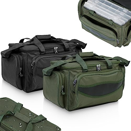 Physionics® Angeltasche -Wasserdicht, Groß, 56/31/30cm, Armeegrün/Schwarz mit gepolstertem Schultergurt und Tragegriffe - Angelbox, Angelkoffer, Anglertasche, Allzwecktasche (Armeegrün)