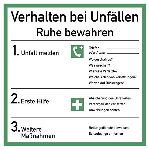 Schild Verhalten bei Unfällen, Kunststoff 18 x 18 cm (Verhaltensregeln, Notfall, Erste Hilfe Maßnahmen) wetterfest