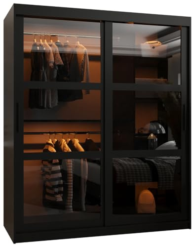 ABIKSMEBLE Dome Armoire à Deux Portes Coulissantes avec Miroir, Barres et Étagères - Armoire de Rangement avec Verre Fumé pour Chambre, Salon - 200x150x62 cm - Noir, Noir, Noir