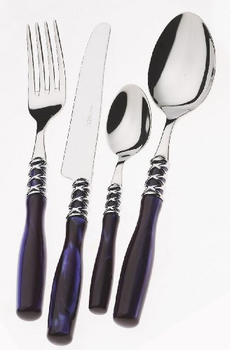 BUGATTI COUVERTS DE TABLE 24 PIECES ACIER MASSIF INOX 18/10 ALADDIN NACRE MANCHE BLEU BAGUE CROMEE