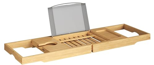 Bamboo Bathtub Tray - Wood Bath Caddy with Book, Phone, or Tablet Rest, Cup Holder, and Extended Sides for Bath Accessories by Home-Complete (Natural)