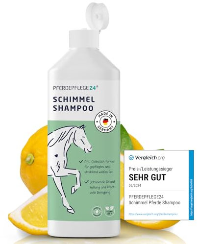 Pferdepflege24 Schimmel Shampoo Pferde 500ml - Sanfte Reinigung die Verfärbungen Verschwinden lässt - Anti Gelbstich Pferdeshampoo für schonende Fellaufhellung, Intensive Reinigung & Pflege