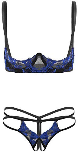 Yeahdor Lingerie Ensemble String & Redresse-Sein Bra en Dentelle Ouvert Bretelles Réglable Soutien-Gorge Léger en Maille Transaprent Tenue de Soirée sous-vêtement Bleu Taille Unique