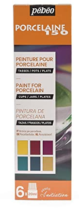 Pébéo - Porcelaine 150 Set Initiation Brillant - Peinture sur Porcelaine - 6 Flacons de 20 ml - Assortiment Jaune Marseille + Rubis + Fuchsia + Bleu Turquoise + Saphir + Or
