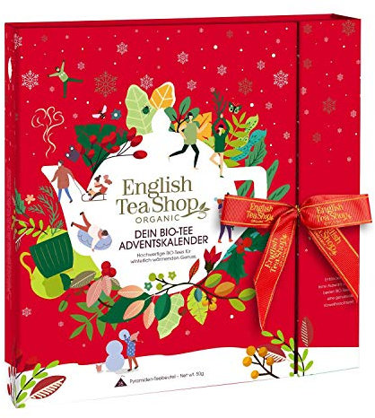 ETS - Premium Tee Adventskalender mit Schleife Red Christmas, 25 BIO Tee in Teepyramiden, Früchtetee, Kräutertee, Wintertee