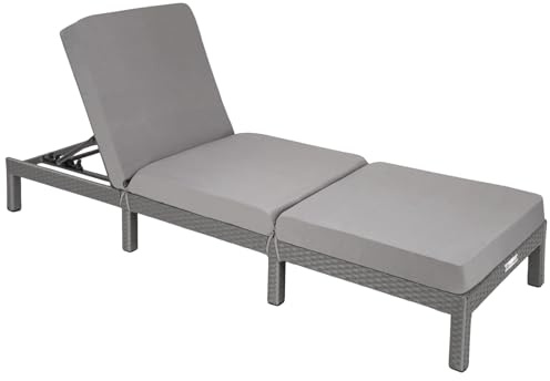 tectake® Tumbona Jardín Exterior de Ratán y Acero con Cojines, Tumbona de Piscina con Respaldo Regulable en 6 Posiciones, Tumbona de Playa Estable y Resistente a Intemperie, Fácil Limpieza - Gris