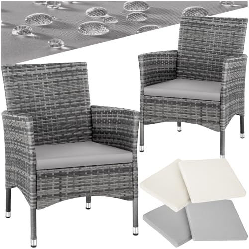tectake® Ensemble de 2 Fauteuils Confortables avec Accoudoirs pour Salon de Jardin Exterieur ou Intérieur en Poly Rotin, 2 Sets de Housses & Coussins Inclus, Mobilier de Jardin