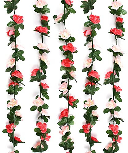 CAEEKER Artificial Rose Garland, 5 Pack 41FT Fake Rose Silk Flowers Swag Hanging Artificial Flowers Garland Plants Faux Floral Vines Decor with Green Ivy Leaves for Wedding Home Arch (Pink)