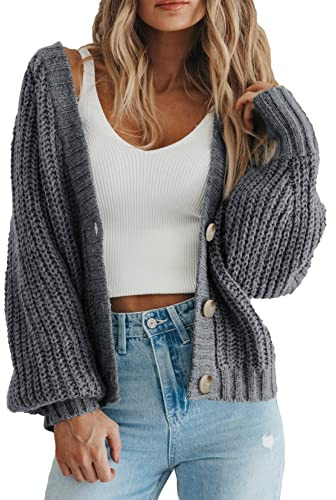 PRETTYGARDEN Women's Short Cardigan Sweaters V Neck Button-Down Long Sleeve Oversized Chunky Knit Cardigans (Grey,Medium)
