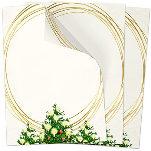 Weihnachtspapier A4 | Weihnachtsbriefpapier beidseitig bedruckt, 50 Blatt | Premium Briefpapier Weihnachten Tannenbaum ovaler Goldrahmen Look | Motivpapier Schreibpapier Druckerpapier 90 g/qm