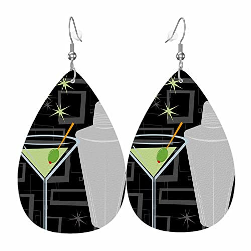 Martini and Shaker Leather Earrings for Women Retro Style Over Groovy Background Earrings Teardrop Dangle Lightweight Faux Leather Earrings Holiday, Leather, No Gemstone