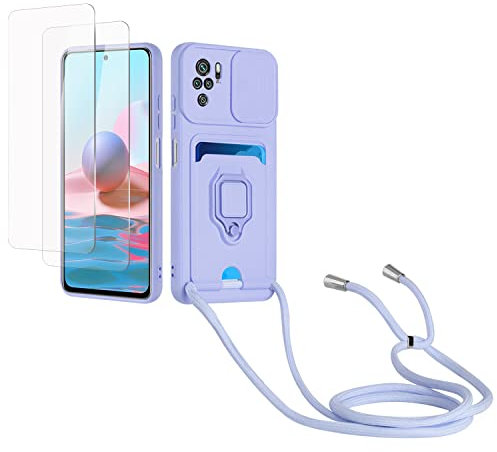 Kaslly Funda con Cuerda para Redmi Note 10 4G/Note 10S+[2 Pack Protector Pantalla],Case con Ranura para Tarjetas,Cubierta de Cámara Deslizante Proteger,Doble Cara Protección-Púrpura