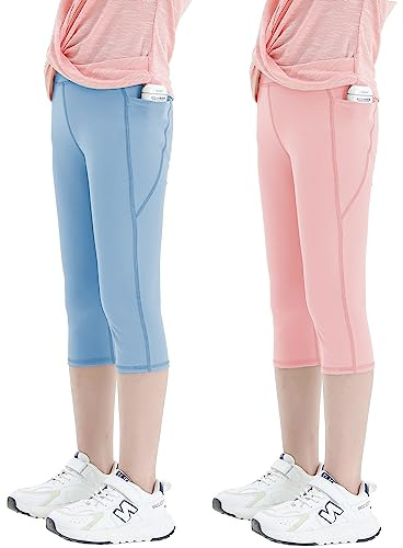 Kiench Mädchen Leggings mit Taschen 3/4 Sporthose Yoga Capri Leggins 2er-Pack