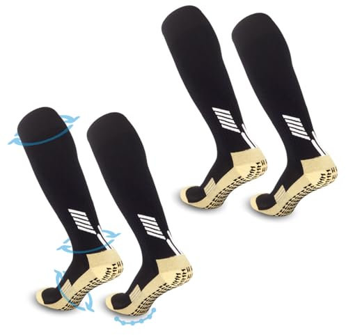 FIBOGOUP 2 Paar Fußballsocken für Kinder | Schwarz Universalgröße 32-38 | Flexibel, Rutschfest | Knöchel- und Fußgewölbestütze | Perfekter Sitz, atmungsaktiv | Trete jeden Ball perfekt.