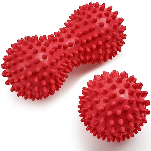 URAQT Palline Massaggio, 2 Pezzi Palla Massaggio Piedi Palline a Riccio Palline per Massaggio di Fisioterapia, Doppia Palla Massaggio Palla per Massaggi Fascia per Deep Tissue Massaggio, Rosso