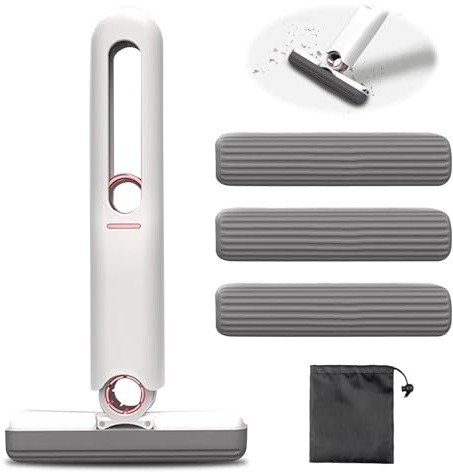 GWAWG Mini-Mopp, tragbarer selbstkratzender Schwamm-Mopp, freihändige Reinigung, für Badezimmer, Küche, Geschirr, Desktop, Glas (3 Baumwollschwämme und 1 Quetschgriff, Weiß)