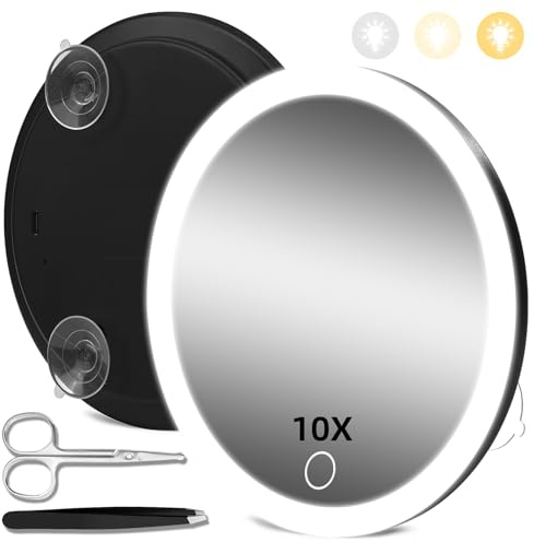 JJhxr 10X Magnifying Mirror with Lights, 10x Magnified Mirror with 3 Suction Cups, 3 Color Dimmable Lighted Makeup Magnification 6inch Travel 10X Magnification with Tweezers & Scissors