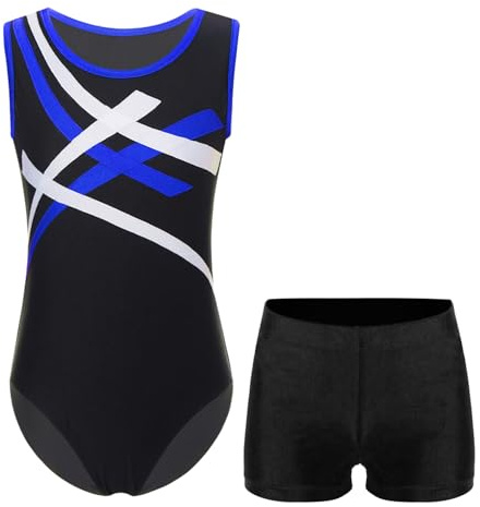 Oyolan Enfant Justaucorps Gymnastique Garçon Leotard Danse Ballet avec Short Gym Sport Ensemble Tenue Dancewear 5-16 Ans A Bleu&Noir 9-10 ans