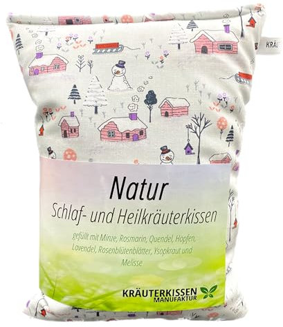 Kräuterkissen, Natur Schlaf- und Heilkräuterkissen,25x20cm, gefüllt mit 8 verschiedenen Heilkräutern,u.a.beruhigende Einschlafhilfe, Design Winter Village