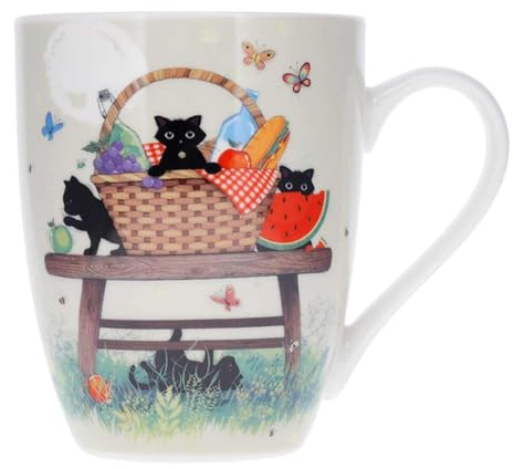 KIUB Mug porcelaine arrondi - motif chats en pique-nique avec leur panier repas - hauteur 10CM - contenance 340ML - boite assortie