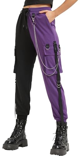 MEINVQIAOTI Pantalon Cargo Noir pour Femme Techwear pour Femme Style Rock décontracté avec chaîne