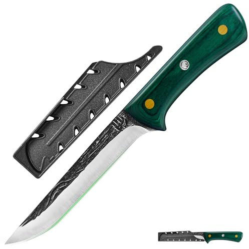 FULLHI Cuchillo Deshuesador de Acero al Carbono con Mango de Madera y Funda, Cuchillo de Cocina para Deshuesar, Pescar, Acampar, Barbacoa, etc. (Verde, 14,1cm)