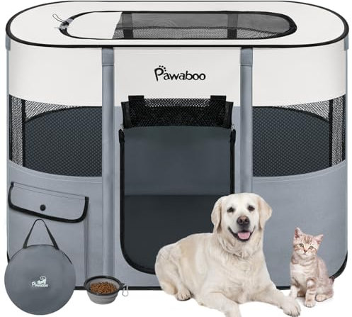 Pawaboo Gabbie per Animali Pieghevole, Recinto per Animali Domestici in Telo Oxford Impermeabile con Rete, Tenda da Gioco per Gatti Cani Cuccioli Portatile per Interno o Esterno, L, Grigio