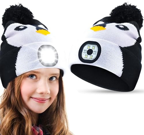 Mössa barn vinter, vintermössa barn LED-mössa, USB uppladdningsbar vintervärmare, huva, presentidéer jul för pojkar flickor stickad mössa, svart, 10-13 år