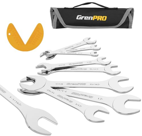 GRENPRO Super-Thin SAE Wrench Set, Open End Wrench Set, 9PCS 1/4, 9/32, 5/16, 3/8, 11/32, 13/32, 7/16, 1/2, 9/16, 11/16, 3/4, 13/16, 7/8, 15/16, 1, 1-1/16, Small Slim Spanner Rolling Pouch with Gauge