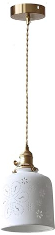 WLBHWL Keramik Pendelleuchte Nordic Vintage Mid Century Modern Hängelampe Weiß Aushöhlen Keramikschirm Messing Finish Decke Pendelleuchte Für Nachttisch Esszimmer Küche Insel