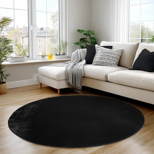 Carpettex Runder Teppich Schwarz 120 cm- Kurzflor Teppich Waschbar, rund, weich & rutschfest, modern einfarbiges Design für Wohnzimmer, Küche Schlafzimmer, & Kinderzimmer