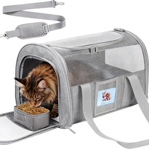 Large Soft Cat Carrier Up to 28 Lbs, Washable Pet Bag Medium to Big Pets | Breathable Mesh with Detachable Food Bowl for Small Dog,Safe Soft-sided Cloth for Kitten Puppy Car Travel Carrying Visit,Grey