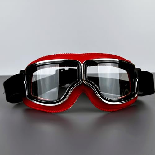 QXYOGO Motocross Brille,Cross Brille,Motorradbrille Leder Motorradbrille Vintage Pilotenbrille Winddichte Universal-Skibrille for den Außenbereich Fahrrad(Red Frame-Clear)