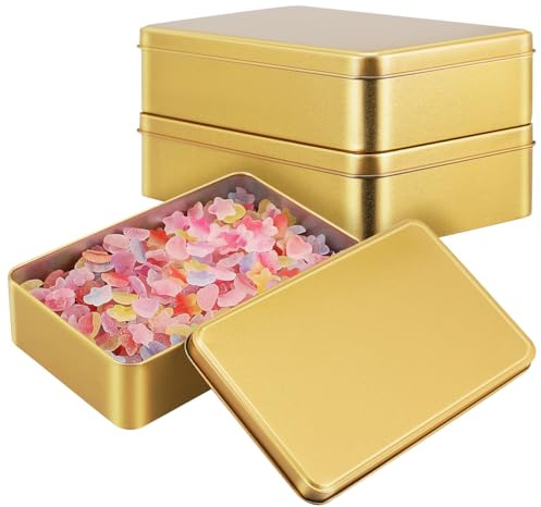 TOVINANNA 3 Rectangular Metal Storage Tins with Airtight Lids 19x12x4.8 cm | Gold Tinplate Organizer for Kitchen Pantry Snacks Tea Biscuits & Office Desk – Stackable Rust-Resistant Decorative Containers