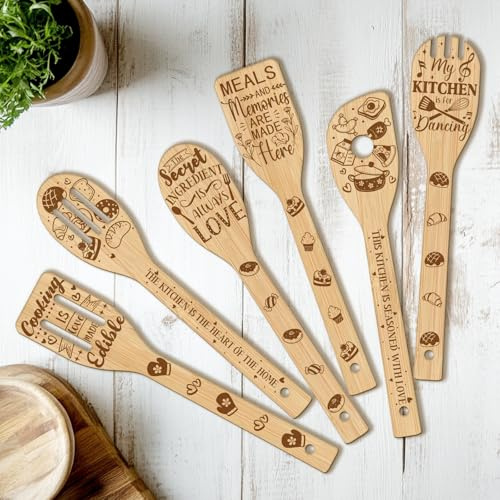 CUTHOLLOW Set di 6 Spatola Cucina Legno Divertente - Paletta Cucina Personalizzata, Utensili da Cucina Creativi in Legno per Cucinare, Regalo di Inaugurazione Della Casa, Regalo di Compleanno