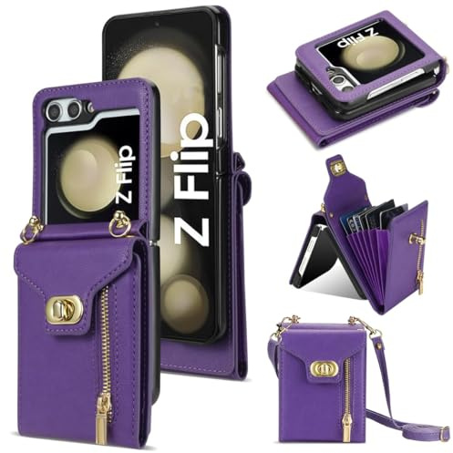Étui portefeuille pour Samsung Galaxy Z Flip 7, étui portefeuille en cuir mat avec fermeture éclair, bandoulière amovible et boucle - Violet