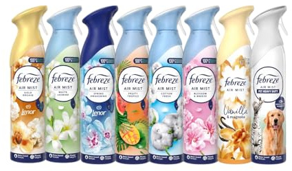 Febreze Air Mist Air Freshener Spray Odour Eliminator 8 x 185ml, WHITE JASMINE, BLOSSOM & BREEZE, COTTON FRESH, GOLD ORCHID, FRUITY TROPICS, SPRING AWAKENING, VANILLA, PET heavy duty HD