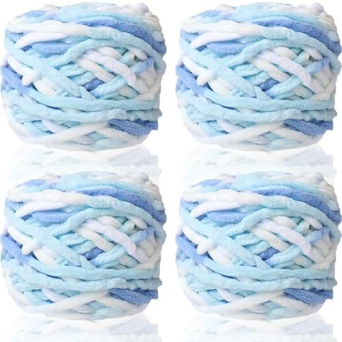 95gx4 Chunky Yarn for Crocheting & Knitting,7mm/0.27inches Thick Crochet Chenille Yarn,Fluffy Chunky Wool for Crochet Blanket,Doll,Bag,Hat,Pillow Cushion,Cat Bed(White Blue Yellow)