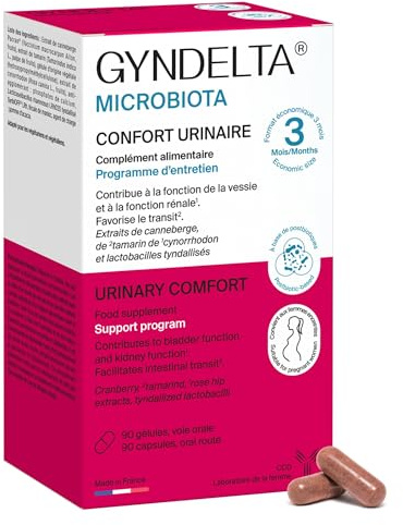 GYNDELTA® Microbiota | Confort urinaire et digestif de la femme | Canneberge Pacran®, Tamarin, Cynorrhodon & probiotiques | 90 gélules végétales | Cure 3 mois | Fabriqué en France