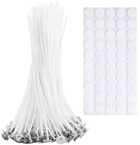 LUCKYJY 50 Stück kerzendochte für Kerzen,10cm Kerzendocht Cotton Candle Rauchfrei Dochte mit 50 Stück Kerzendocht Aufkleber für die Kerzenherstellung Candle DIY