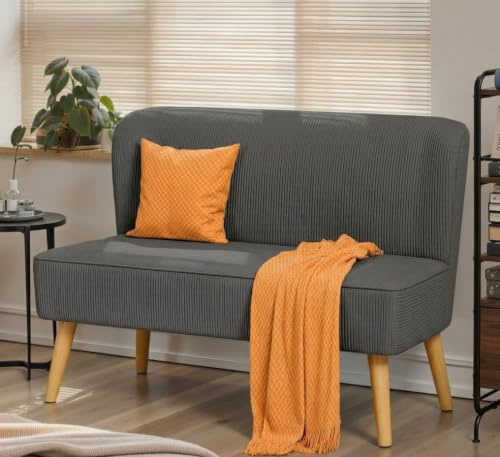 Blishom Divano a 2 posti, piccolo loveseat con rivestimento effetto velluto a coste, divano compatto salvaspazio per camera da letto, soggiorno, appartamento, 117x56x76cm, Grigio